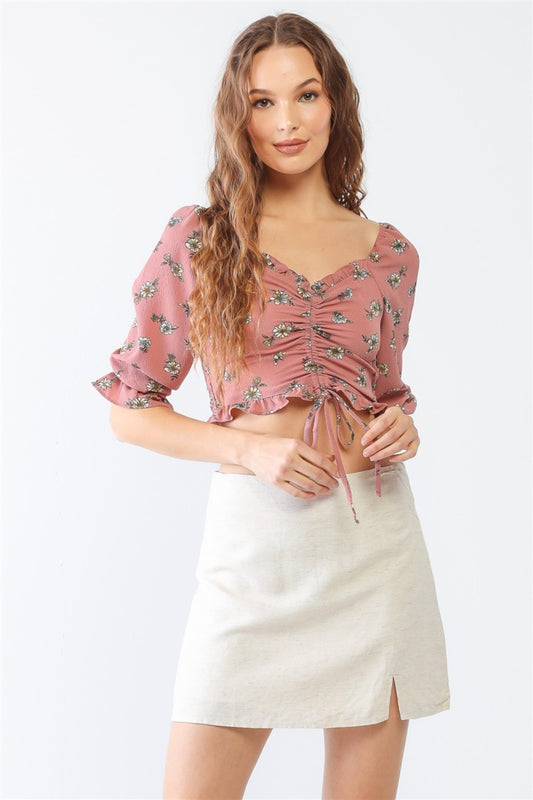 Miss Love / Kevin Co. Floral Ruffle Smocked Back Ruched Crop Top