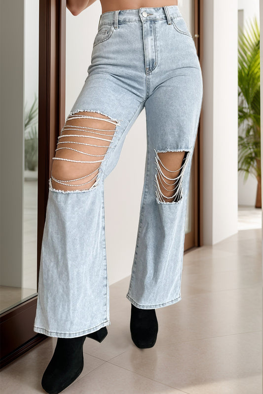 Distressed Bead Chain Straight Jeans